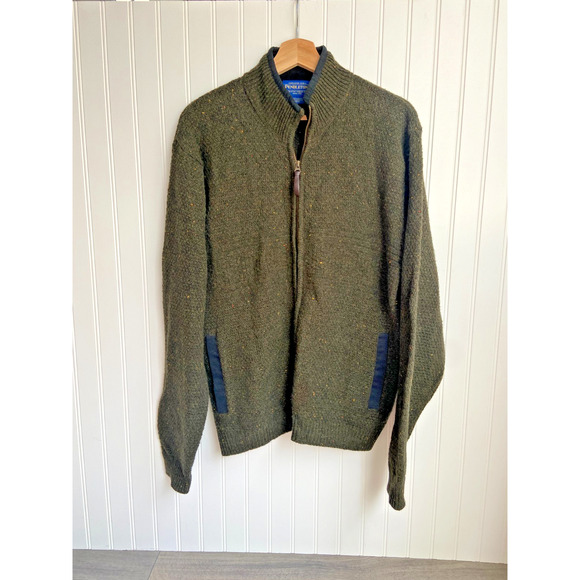 PENDLETON SWEATER JACKET MENS M FULL ZIP GREEN 100% SHETLAND WOOL OUTDOORS - Picture 1 of 5